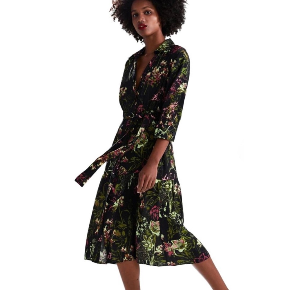 Zara Black Floral Midi Dress with Green and Pink Botanicals